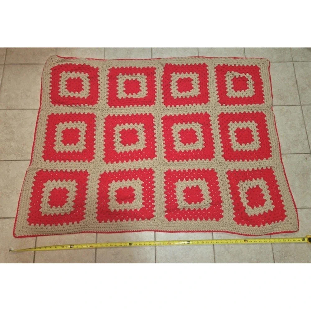 Handmade Crochet Granny Square Afghan Blanket Red Tan Throw 60